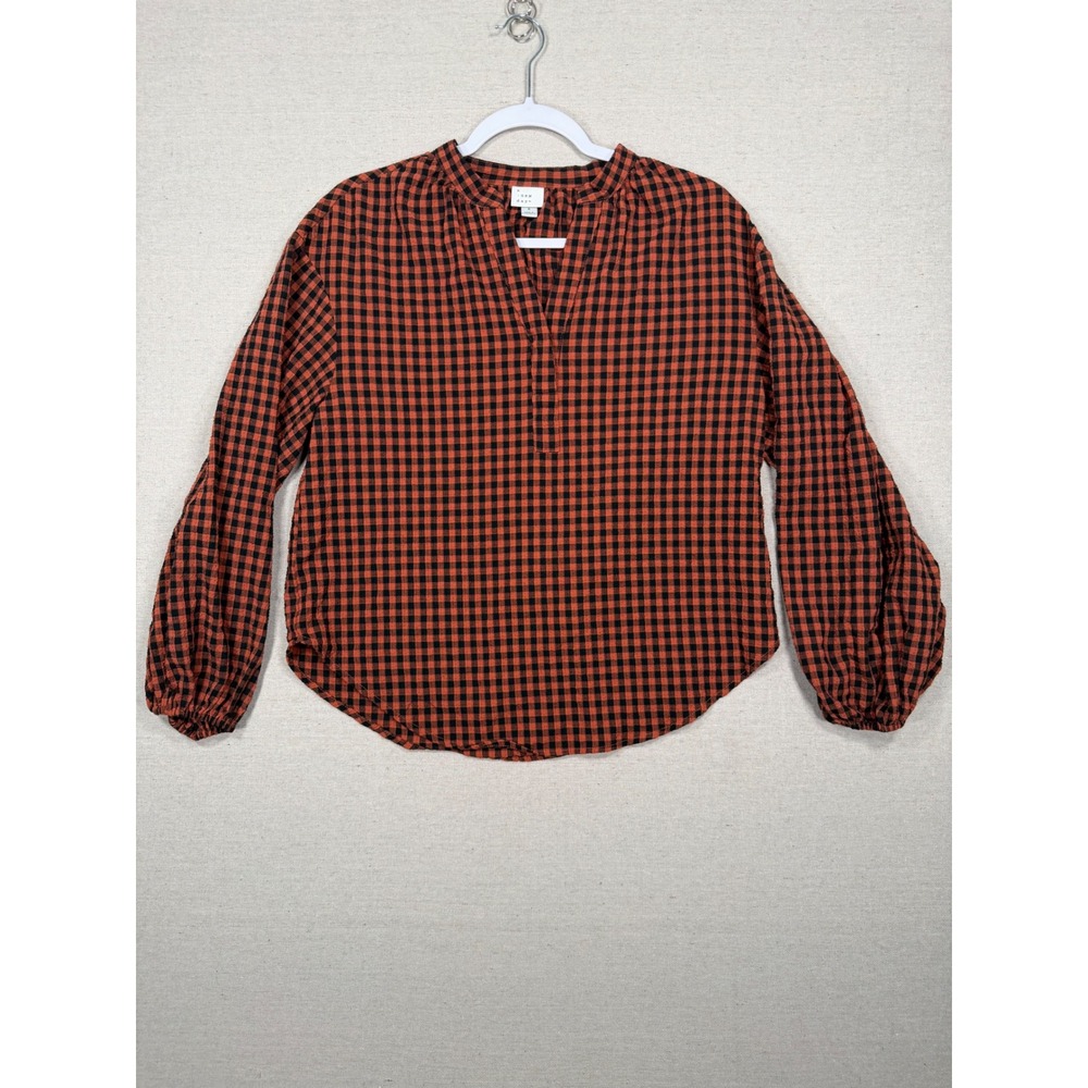 A New Day Orange Black Gingham V-Neck Blouse Long Sleeve Size S